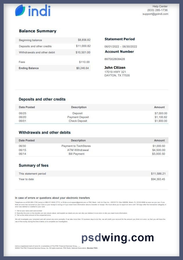 USA Indi Bank Statement (Word)